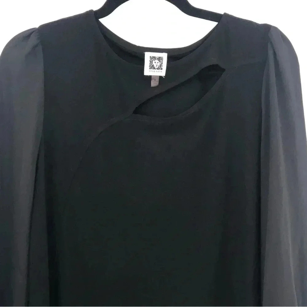 Anne Klein Black Sheer Sleeve Blouse with Cutout- Size Medium